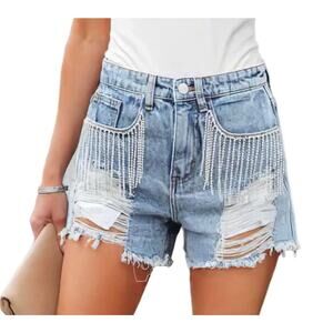 Adika Rhinestone Fringe Denim Shorts Size Small Light Blue NWOT